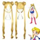 Women Long Yellow Wigs with 2 Ponytails Double Bun Hair Anime Cosplay for Sailor Moon Tsukino Usagi 