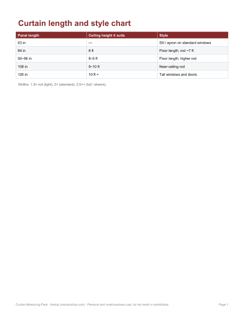 Preview of the first page of Length chart (PDF/XLSX)